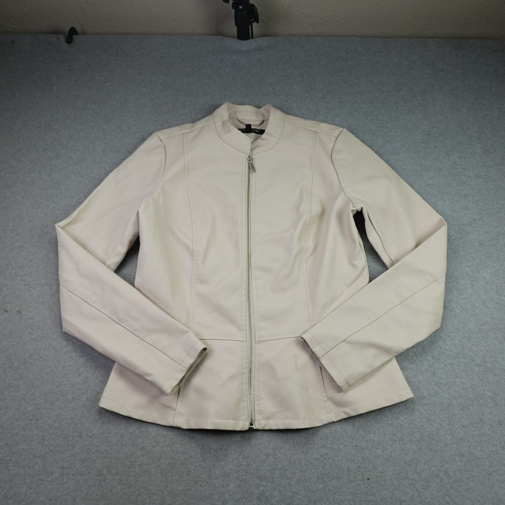 Baccini Jacket Womens S Cream Peplum Moto Faux Leather Full Zip Mock Neck